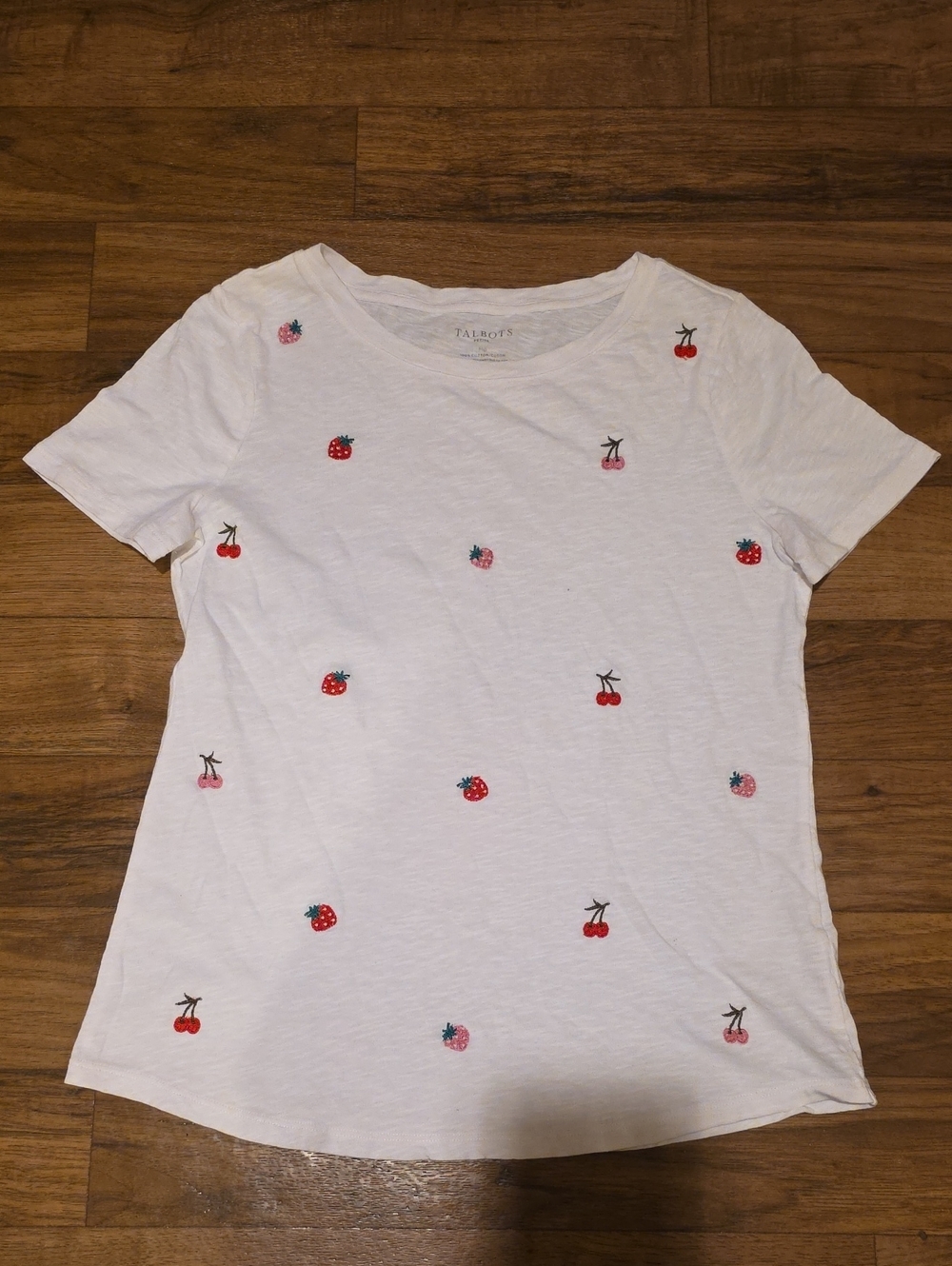 Talbots White Tee with Red & Pink Fruit Embroidery